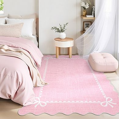 Scalloped Washable Area Rugs, Modern Solid Bow Print Bedroom Rugs with Non Slip Backing