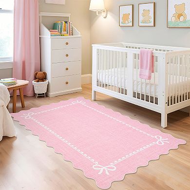 Scalloped Washable Area Rugs, Modern Solid Bow Print Bedroom Rugs with Non Slip Backing