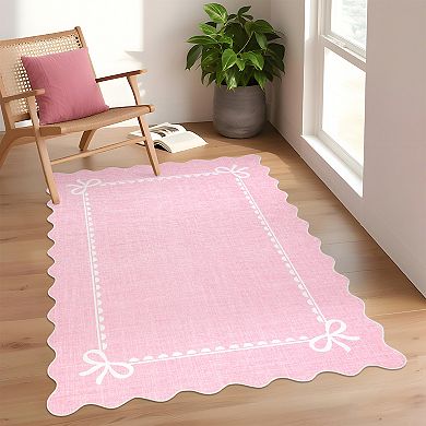 Scalloped Washable Area Rugs, Modern Solid Bow Print Bedroom Rugs with Non Slip Backing
