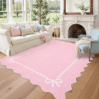 Scalloped Washable Area Rugs, Modern Solid Bow Print Bedroom Rugs with Non Slip Backing