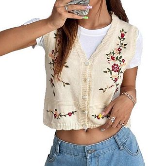 Women Embroidery Button Sleeveless Sweater V Neck Knitted Sweater Floral Boho Vest Top