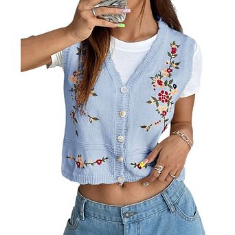 Women Embroidery Button Sleeveless Sweater V Neck Knitted Sweater Floral Boho Vest Top