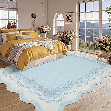 Washable Scalloped Runner Rug - Non-Slip Low Pile, for Kitchen Entryway Hallway Bedroom