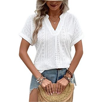 Womens Boho Short Sleeve Blouses V Neck Business Casual Shirts Hollow Out Summer Lace Tops