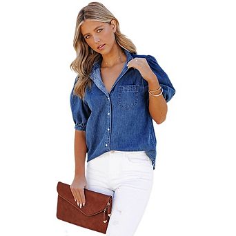 Womens Denim Shirt Business Casual Button Down Work Blouses Puff Sleeve Summer Tops