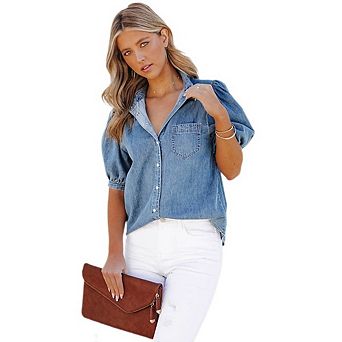 Womens Denim Shirt Business Casual Button Down Work Blouses Puff Sleeve Summer Tops