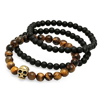 Steeltime Men's 3 pc black lava beaded & tiger eye beaded with 18k gold plated stainless steel skull