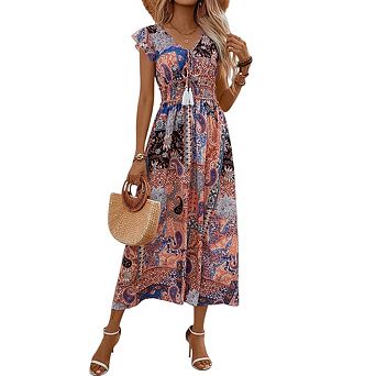 Women Casual Ruffle Fly Sleeve A-Line Boho Floral Maxi Beach Dress