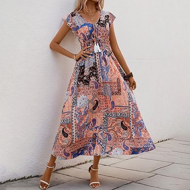 Women Casual Ruffle Fly Sleeve A-Line Boho Floral Maxi Beach Dress