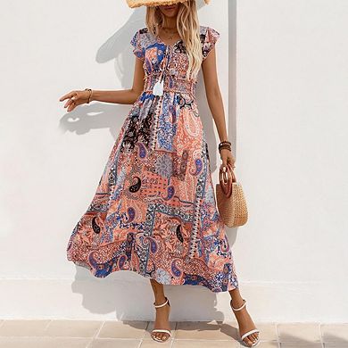 Women Casual Ruffle Fly Sleeve A-Line Boho Floral Maxi Beach Dress