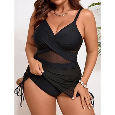 Women Plus One Piece Swimsuit Mesh Ruched Tummy Control Drawstring Swim Dress for Beach Pool