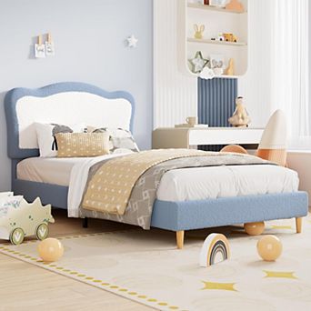 Upholstered Bed Frame with Two-Tone Scalloped Headboard, Cute Velvet Princess Platform Bed