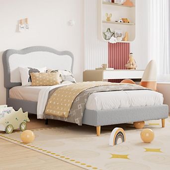 Upholstered Bed Frame with Two-Tone Scalloped Headboard, Cute Velvet Princess Platform Bed