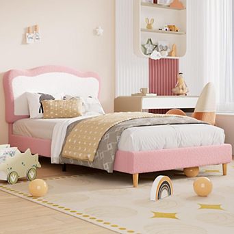Upholstered Bed Frame with Two-Tone Scalloped Headboard, Cute Velvet Princess Platform Bed