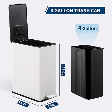 4 Gallon Stainless Steel Trash Can with Soft Close Lid, Step-on Bathroom & Kitchen Garbage Bin