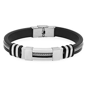 Steeltime Men's black rubber bracelet with stainless steel mesh inlay