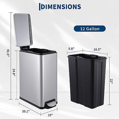 12 Gal & 2.6 Gal Stainless Steel Trash Can Combo Set, Slim Step-on Garbage Can Bin with Inner Bucket