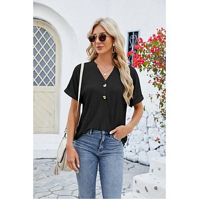 Women's Short Sleeve Basic Tees Dresy Casual Loose Fit Shirts Button V Neck Blouses Eyelet Tshirts