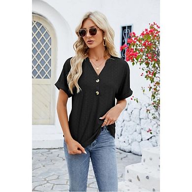 Women's Short Sleeve Basic Tees Dresy Casual Loose Fit Shirts Button V Neck Blouses Eyelet Tshirts