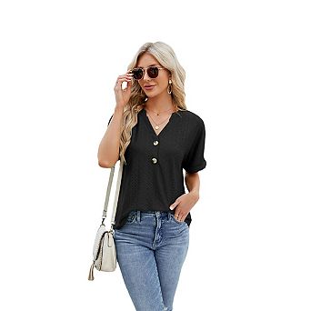 Women's Short Sleeve Basic Tees Dresy Casual Loose Fit Shirts Button V Neck Blouses Eyelet Tshirts