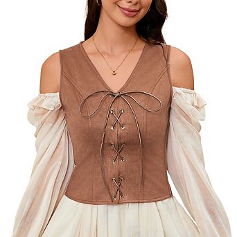 Womens Vintage Lace-Up Vest Tops V-Neck Sleeveless Western Cowgirl Rodeo Bodice
