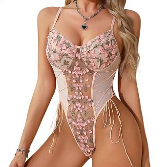 Women Floral Embroidered Bodysuit Mesh Lace Backless Drawstring Slim Corset One Piece Jumpsuit