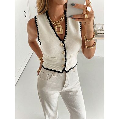 Women's Striped Button Up Cropped Sleeveless V Neck Boho Knitted Vest