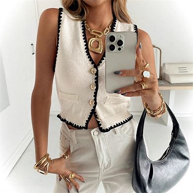 Women's Striped Button Up Cropped Sleeveless V Neck Boho Knitted Vest
