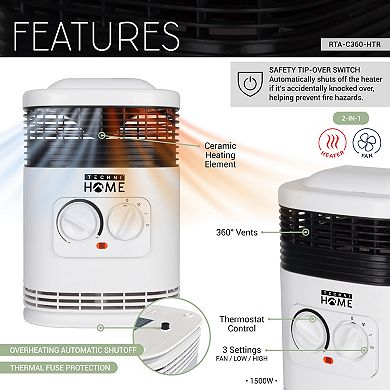 Techni Home 360° Ceramic Space Heater with Adjustable Thermostat