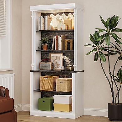 White Bookshelf with Adjustable Shelves, 5-Tier Display Cabinet with LED Light, Freestanding