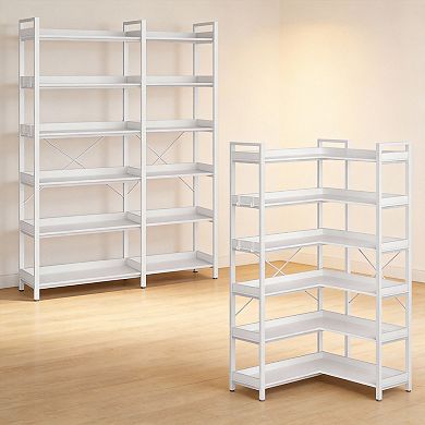 Industrial Corner Bookshelf 6 Tier with Hooks Metal Frame