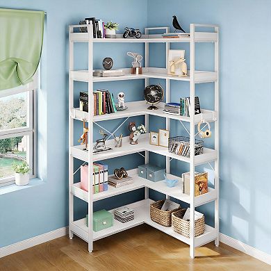Industrial Corner Bookshelf 6 Tier with Hooks Metal Frame