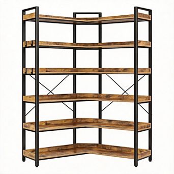 Industrial Corner Bookshelf 6 tier with Hooks Metal Frame