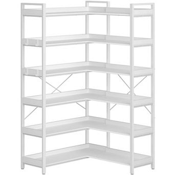 Industrial Corner Bookshelf 6 tier with Hooks Metal Frame