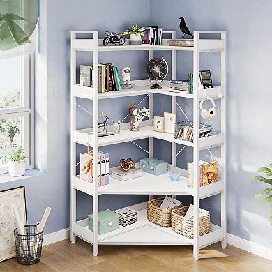 Industrial Corner Bookshelf 5-Tier with Hooks