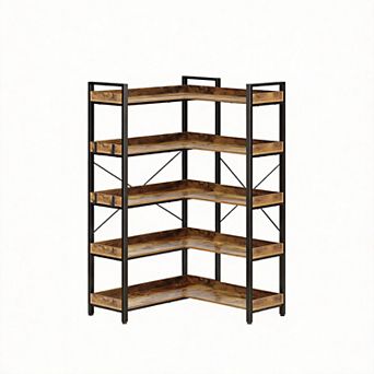 Industrial Corner Bookshelf 5 tier with Hooks