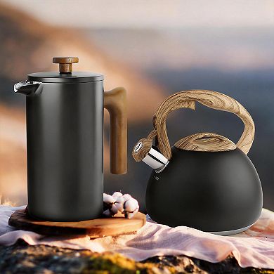 34 Ounce French Press Coffee Maker Real Wood Handle Double Wall Dual Filter Stainless