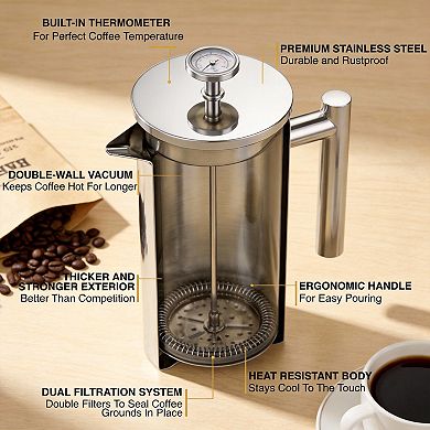 1.0l 34 Fl Oz Thermometer French Press Stainless Steel Coffee Maker