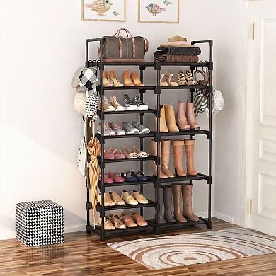 8-Tier Metal Shoe Rack Stackable Boot Shelf with Hooks