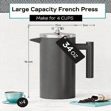 34 Oz 304 Stainless Steel French Press 4-Filter Travel Jar Rust-Free