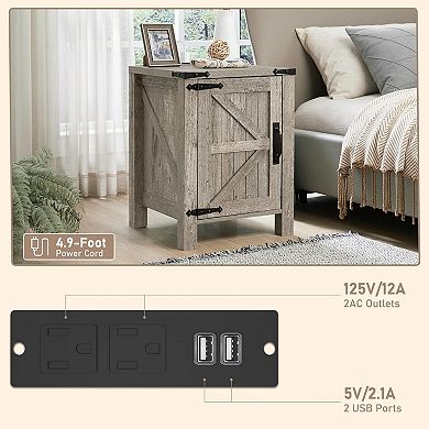 18" Farmhouse Nightstand Charging Station Barn Door Cabinet Adjustable Shelf