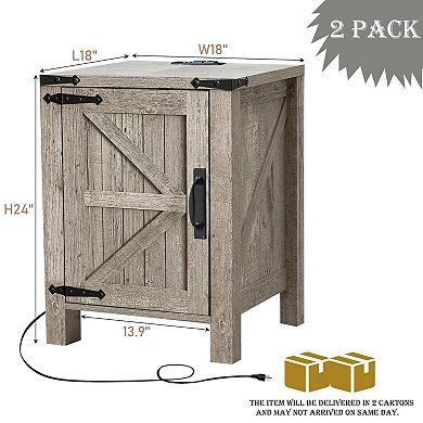 18" Farmhouse Nightstand Charging Station Barn Door Cabinet Adjustable Shelf