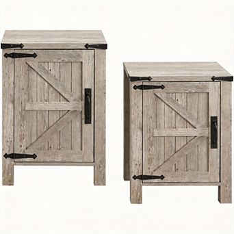 18" Farmhouse Nightstand Charging Station Barn Door Cabinet Adjustable Shelf