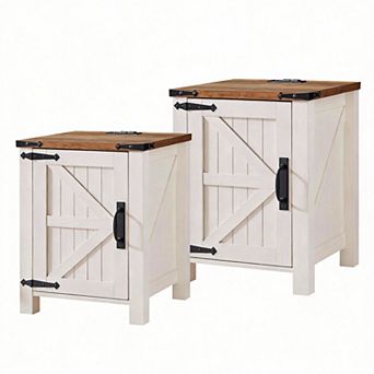 18" Farmhouse Nightstand Charging Station Barn Door Cabinet Adjustable Shelf