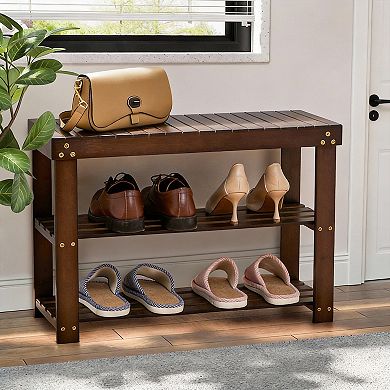 Bamboo Shoe Rack Bench 3-Tier Organizer Entryway Bedroom