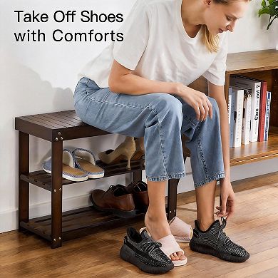 Bamboo Shoe Rack Bench 3-Tier Organizer Entryway Bedroom