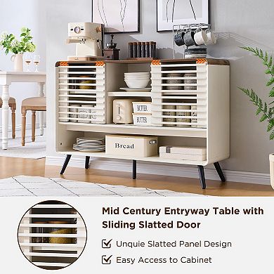 46" Mid-Century Console with Sliding Slatted Door Adjustable Storage 50 lbs