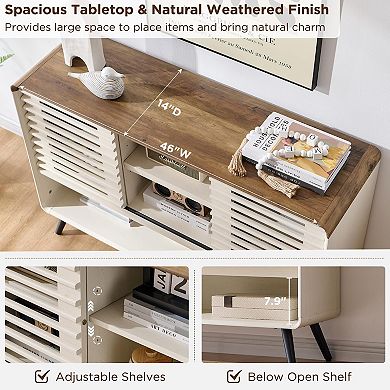 46" Mid-Century Console with Sliding Slatted Door Adjustable Storage 50 lbs