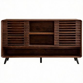 46" Mid-Century Console with Sliding Slatted Door Adjustable Storage 50 lbs