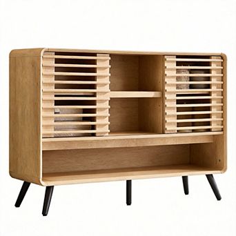 46" Mid-Century Console with Sliding Slatted Door Adjustable Storage 50 lbs